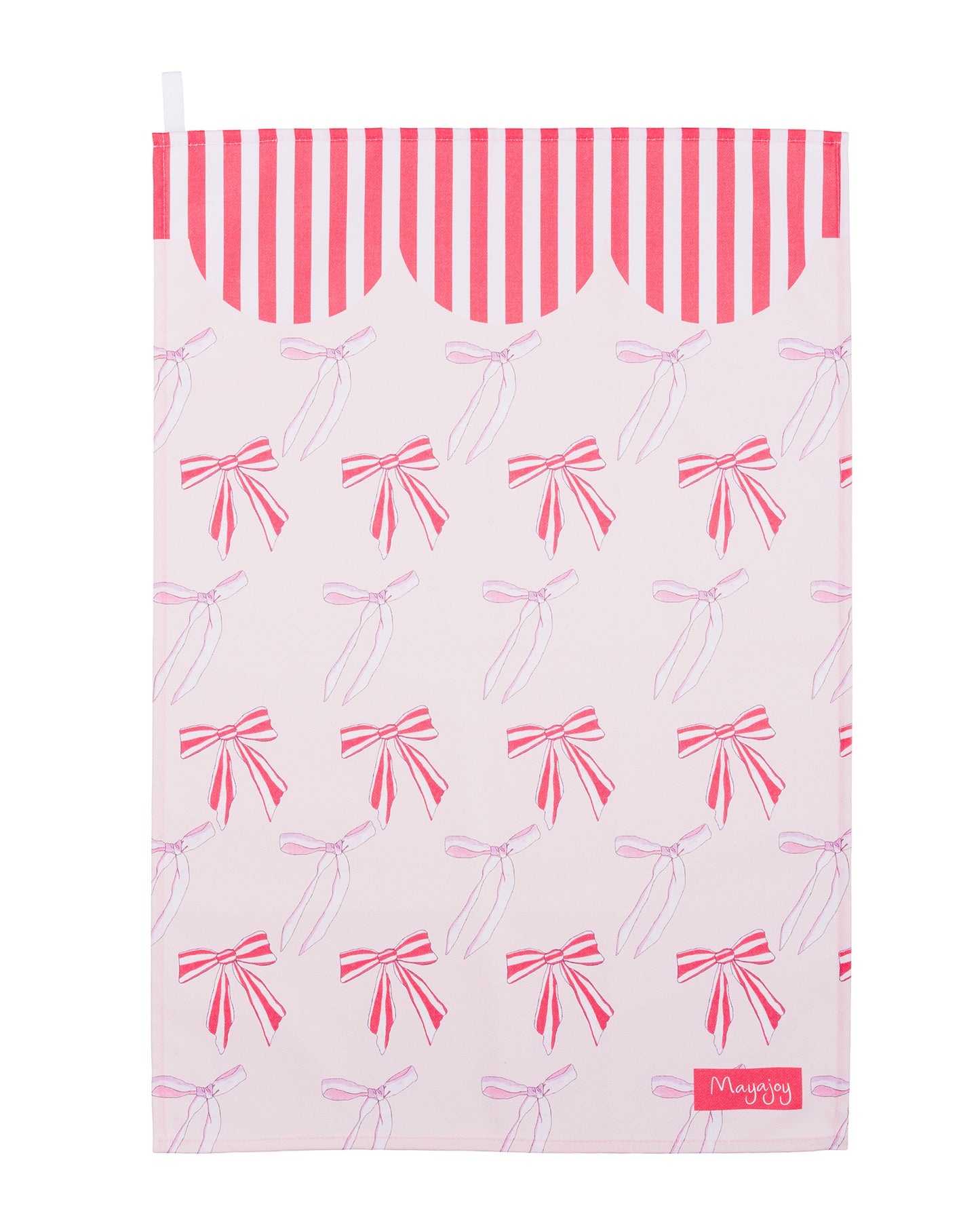 Christmas tea towel with pink and red candy stripe bows with candy striped scallop edge