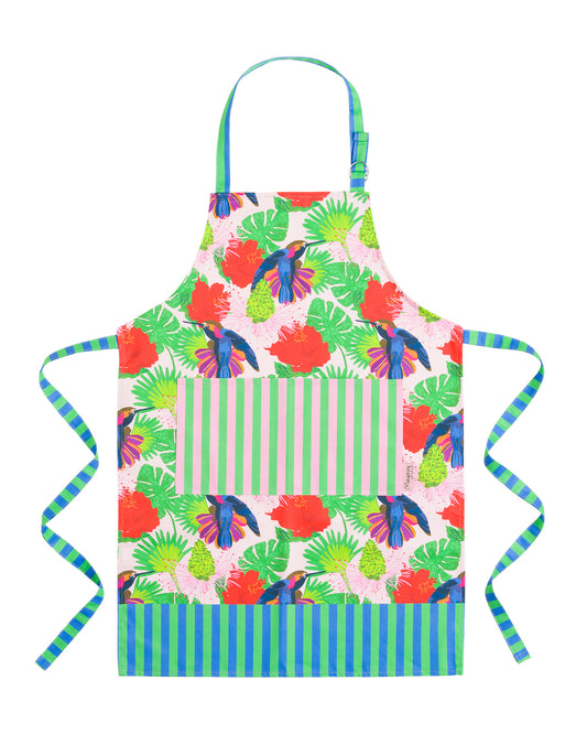 Colourful hand painted apron with hummingbirds and Jamaican flowers