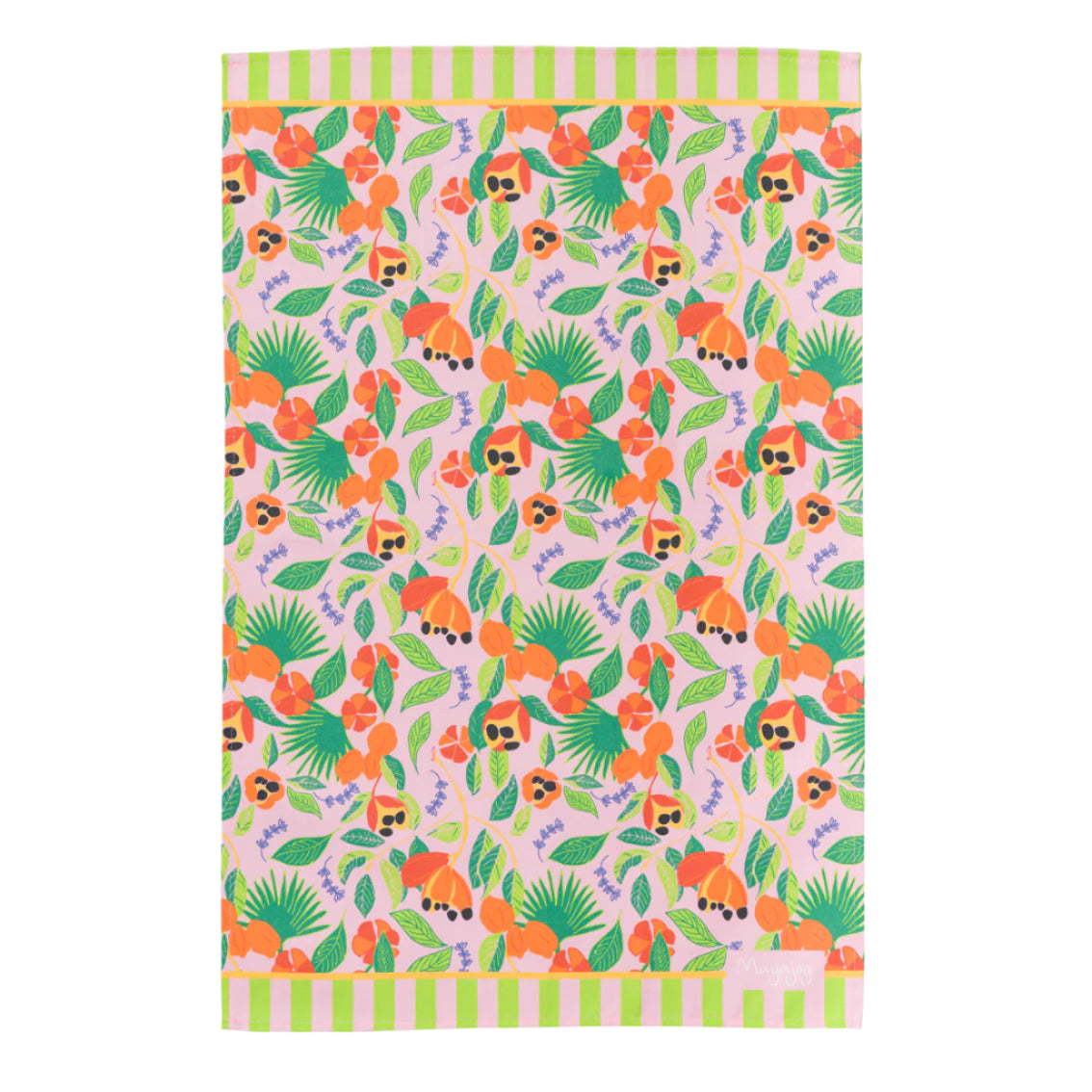 Flat lay colourful cotton tea tea towel in hand illustrated ackee print, with pink background, green leaves and orange ackee and lilac thyme leaves with hanging loop by Mayajoy