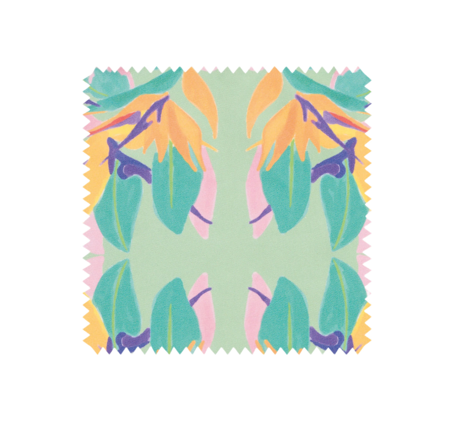 Colourful paradise tea towel swatch with paradise design, featuring orange bird of paradise, with pink, green and purple by Mayajoy.