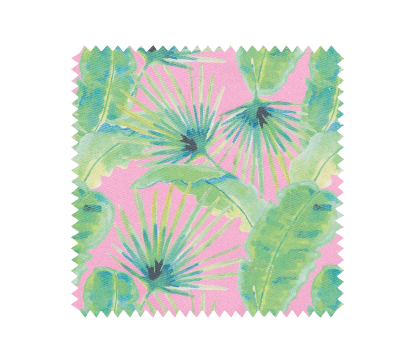 Colourful swatch for pink palm stripe apron in pink and green tropical foliage design