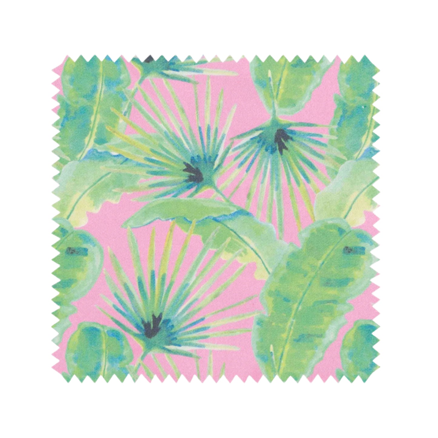 Mayajoy colourful cotton pink palm swatch with pink background and hand illustrated green and blue foliage
