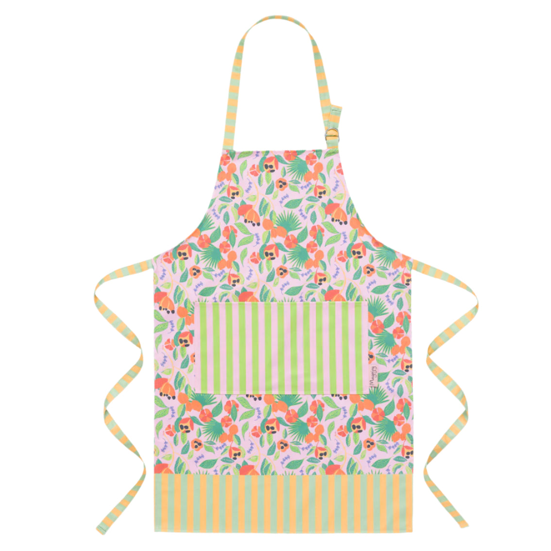Women’s cotton apron flat lay with hand illustrated Ackee print with pink background, green leaves and orange Ackee, with lilac thyme leaves and stripes pocket 