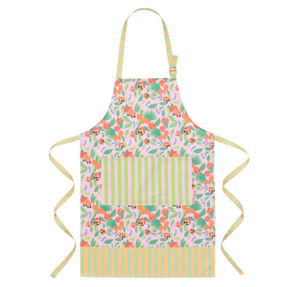 Women’s cotton apron flat lay with hand illustrated Ackee print with pink background, green leaves and orange Ackee, with lilac thyme leaves and stripes pocket 