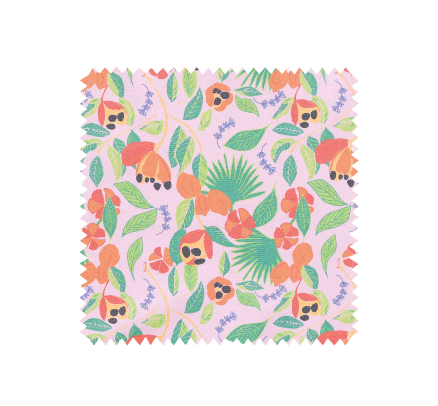 Ackee stripe apron swatch with hand illustrated Ackee print. Pink background, green leaves, orange Ackee and lilac thyme leaves 