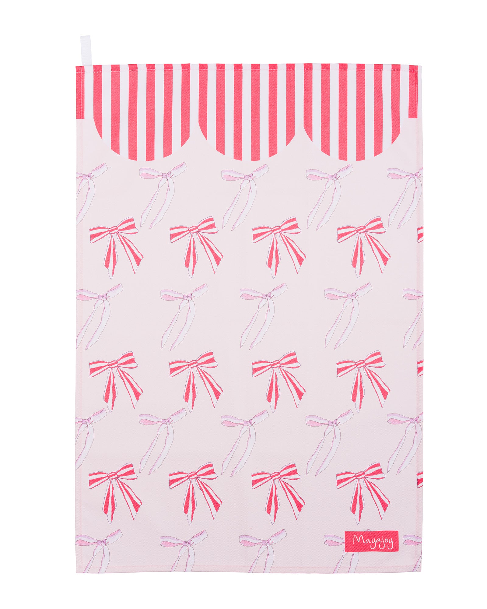 Christmas tea towel with pink and ed candy stripe bows with candy striped scallop edge