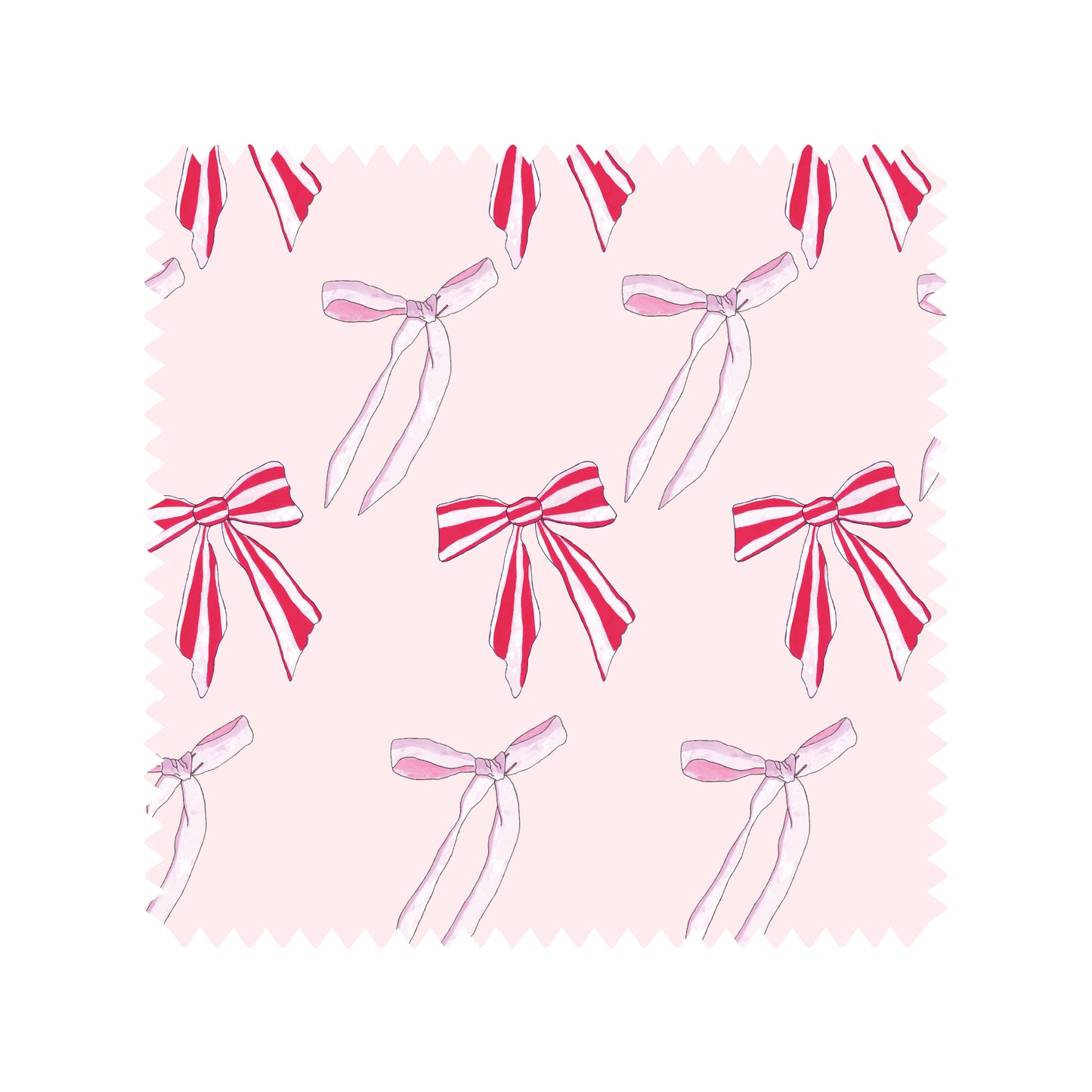 Christmas bows tea towel swatch in pink and red candy stripe bows.