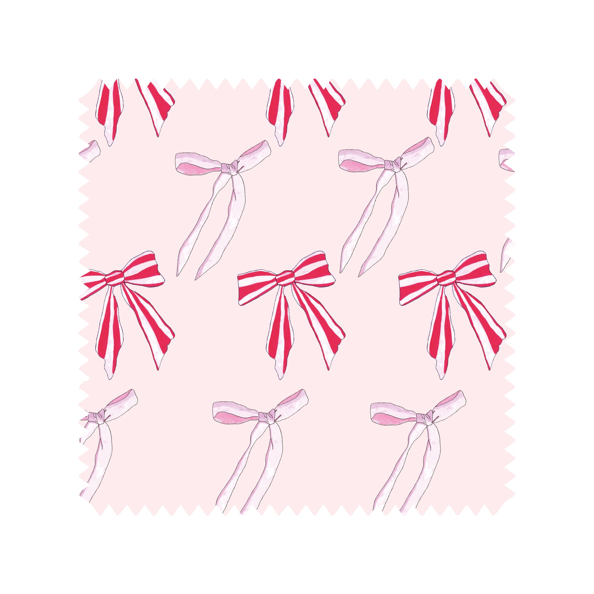 Christmas bows tea towel swatch in pink and red candy stripe bows.