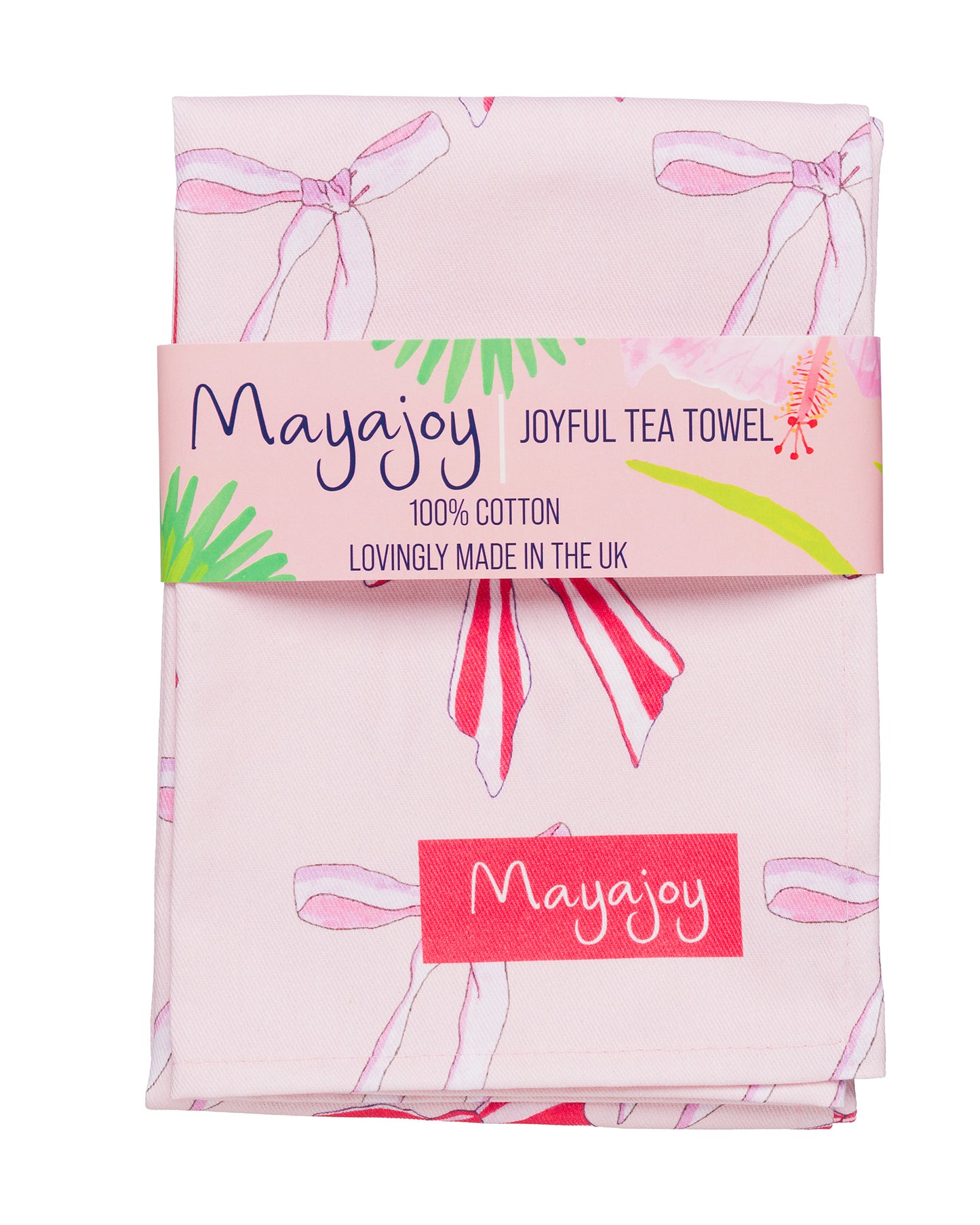 pink and red tea towel featuring candy stripe bows with coral belly band saying  'joyful tea towel, 100% cotton, lovingly made in the UK'.