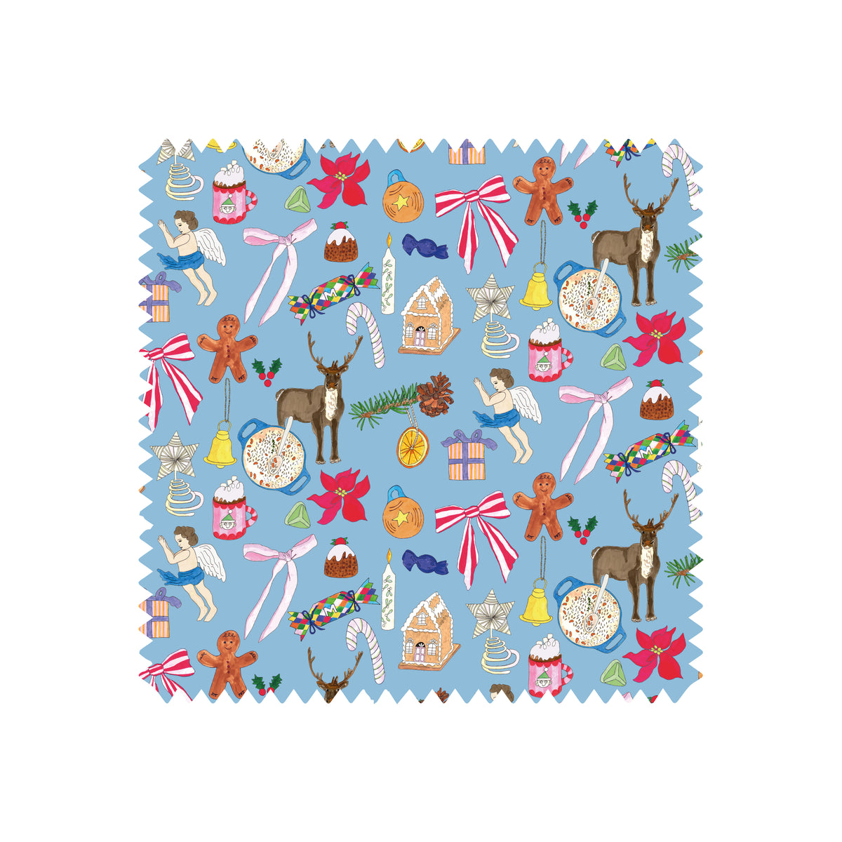 Swatch of Mayajoy’s Christmas nostalgia print, with festive motifs on a blue background 