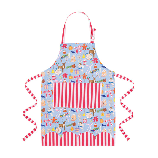 Mayajoy Christmas nostalgia apron with blue background and festive motifs, pink and red candy stripe pocket and ties.