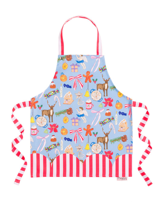 Colourful Christmas cotton kitchen apron with hand illustrated festive motifs in blue, with red and pink candy stripes