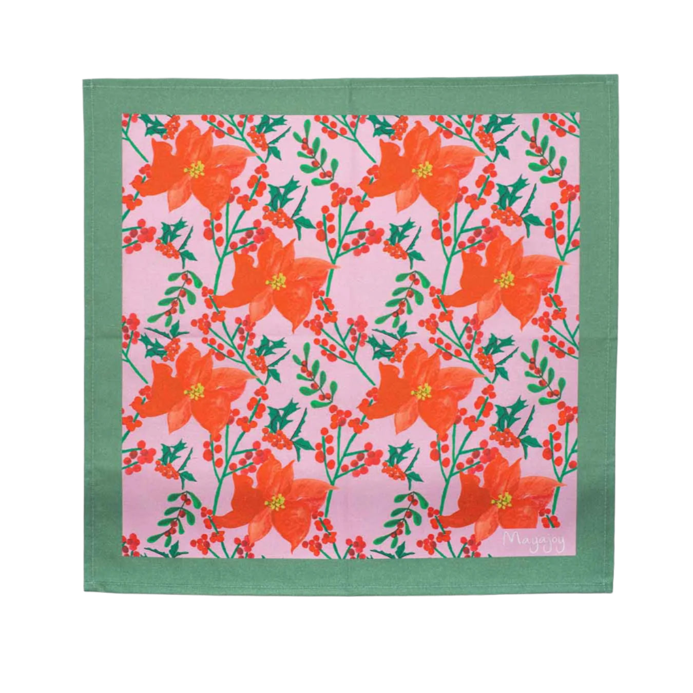Mayajoy flat lay Christmas poinsettia, colourful, cotton napkin with pink background, hand illustrated red poinsettia and foliage and sage green trim. 