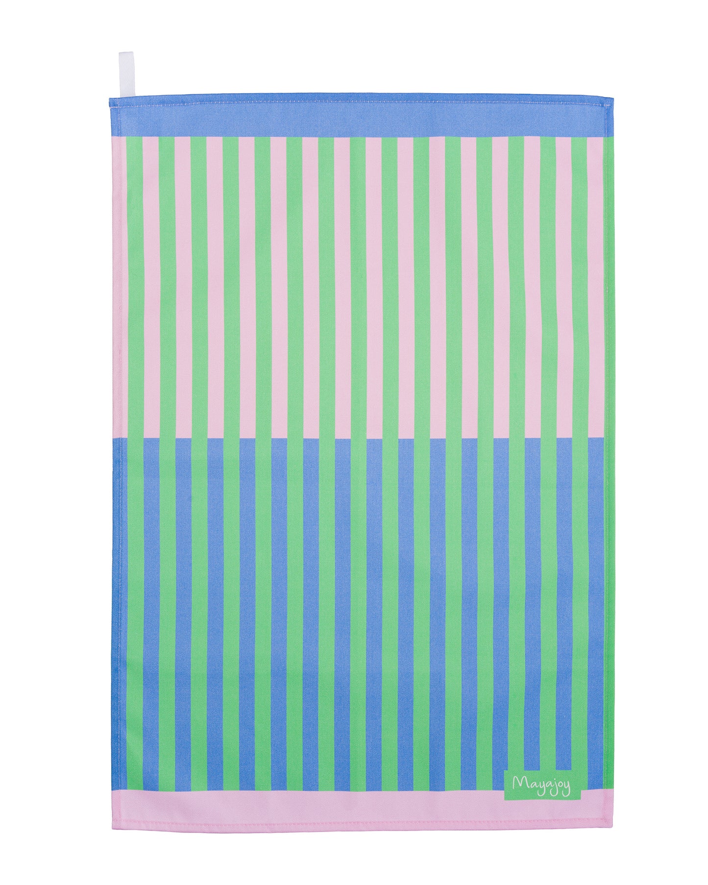 Flat lay colourful cotton tea towel in Hummingbird stripe, featuring blue and green stripes with pink border to one half and pink and green stripes with blue border to other half and hanging loop, by Mayajoy