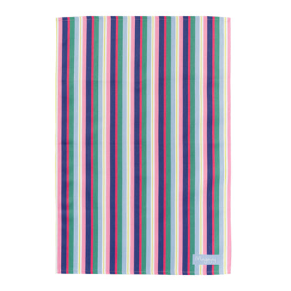 Flat lay Striped colourful cotton tea towel in navy blue, pink and green with hanging loop