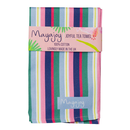 Striped colourful cotton tea towel in navy blue, pink and green, folded with coral pink belly band saying ‘joyful tea towel’ by Mayajoy 