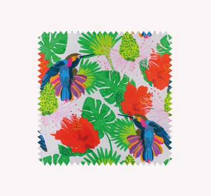 Hummingbird swatch for Mayajoy cotton apron in pink, green, blue and red