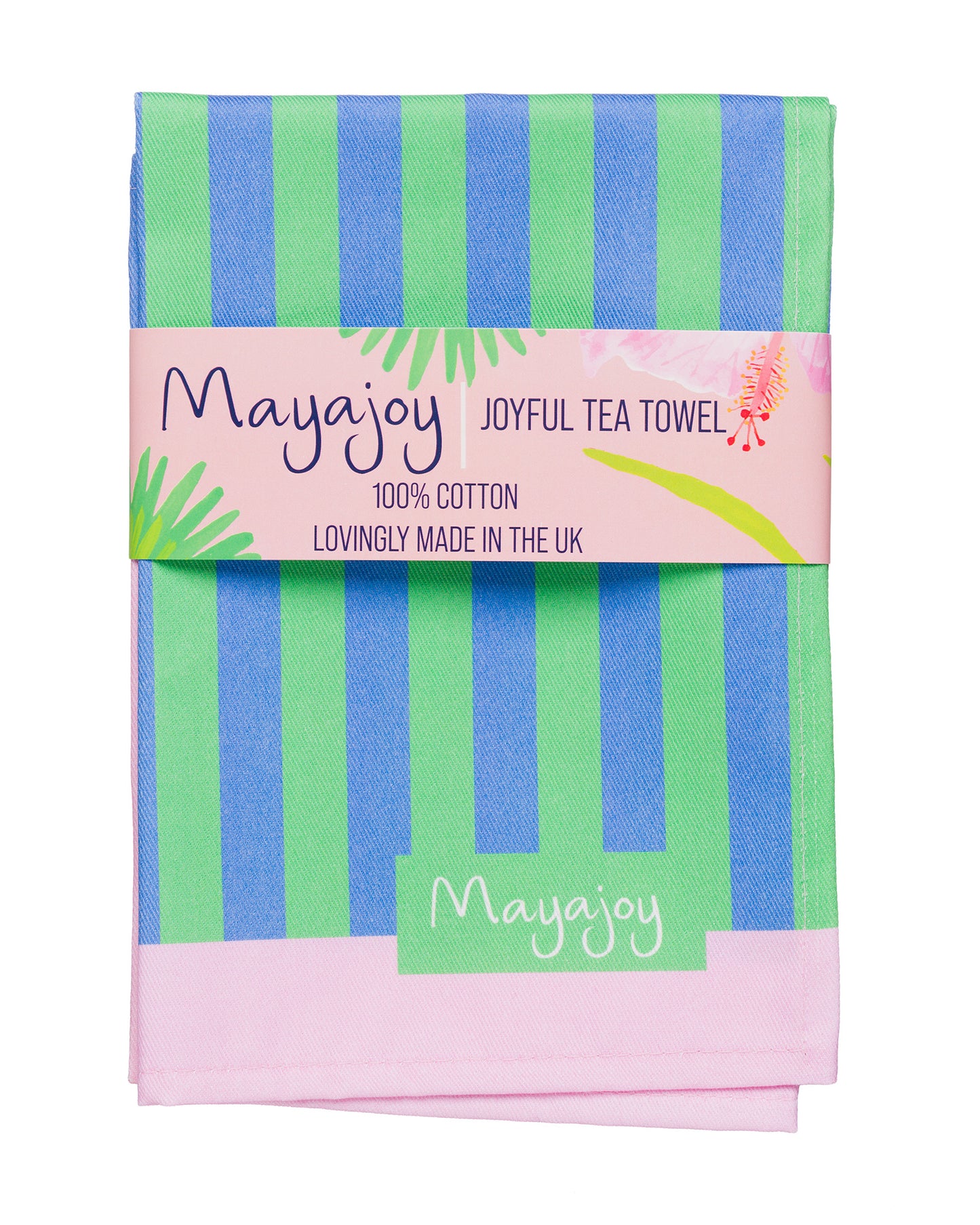Mayajoy colourful cotton tea towel in Hummingbird stripe design, featuring blue and green stripes with pink border, folded with a coral belly band and words "joyful tea towel".