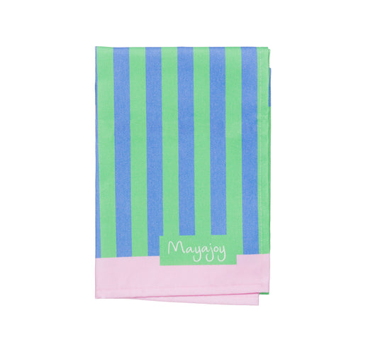 blue and green striped tea towel with pink edging, folded with Mayajoy logo 