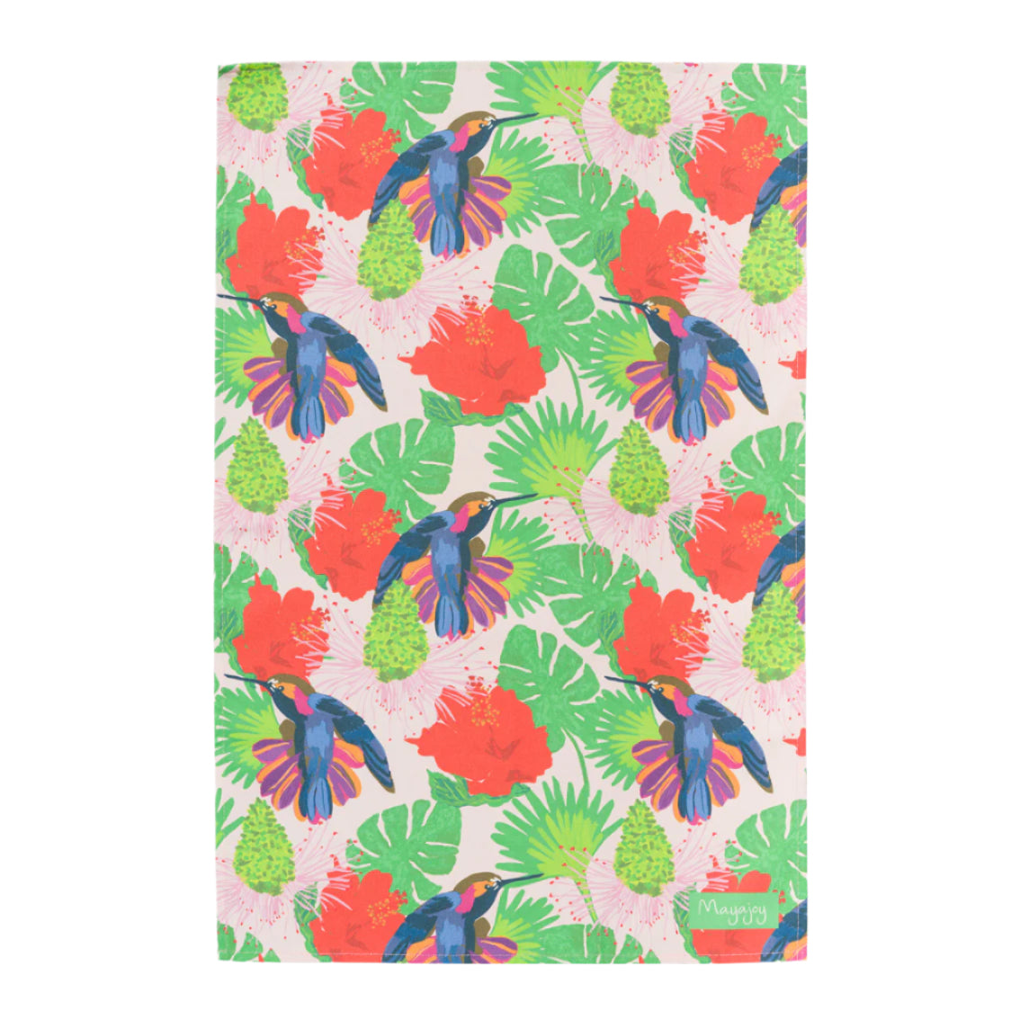 Flat lay Colourful cotton tea towel with hand illustrated hummingbird design with pink background, blue, green and red with hanging loop 