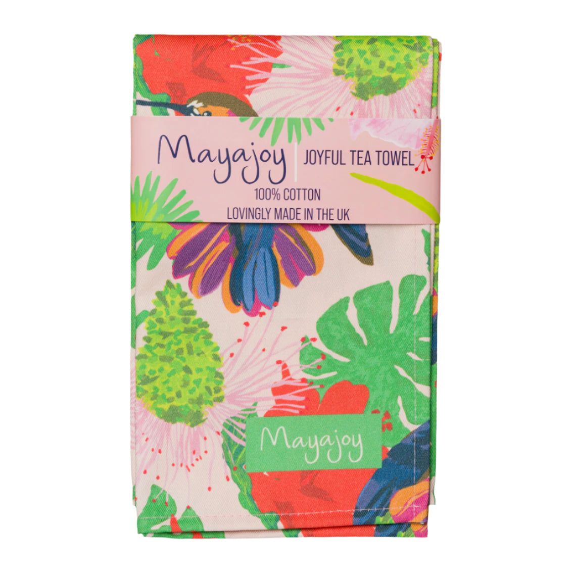Colourful cotton tea towel with hand illustrated hummingbird design with pink background, pink, blue and green, folded with coral belly band and the words “joyful tea towel” by Mayajoy 