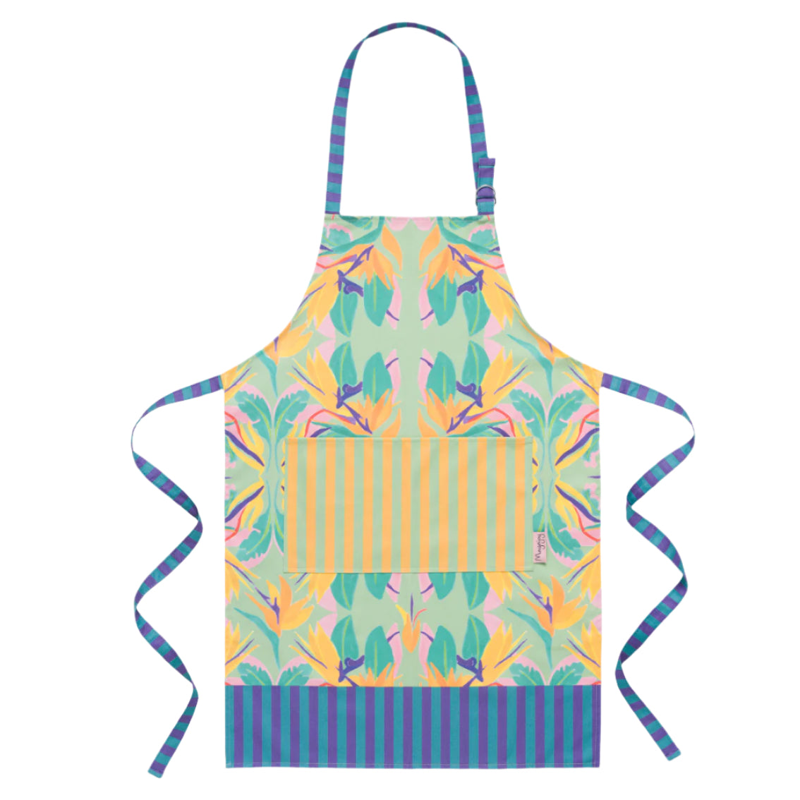 Flat lay women’s apron in birds of paradise design, in colours green, orange, pink and purple, with striped pocket and ties 