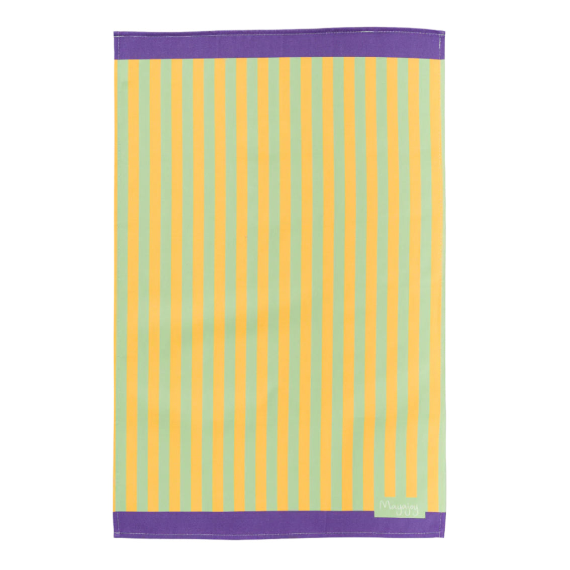 Yellow and green paradise stripe colourful cotton tea towel with purple edge to top and bottom flat lay, with hanging loop, by Mayajoy 