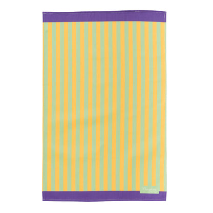 Yellow and green paradise stripe colourful cotton tea towel with purple edge to top and bottom flat lay, with hanging loop, by Mayajoy 