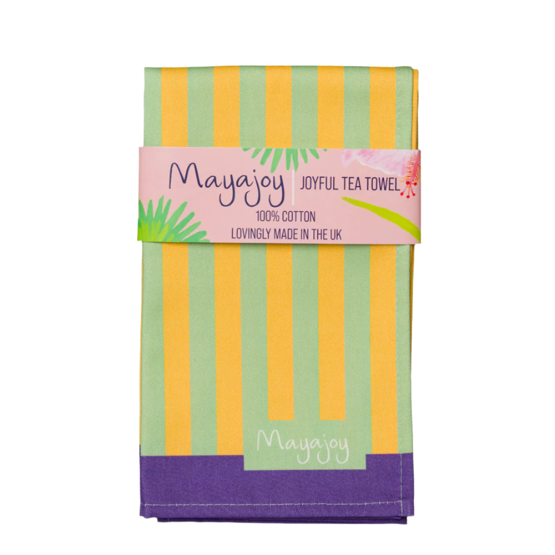 Yellow and green paradise stripe colourful tea towel, with purple edge, folded with coral belly band and words “joyful tea towel’ by Mayajoy 