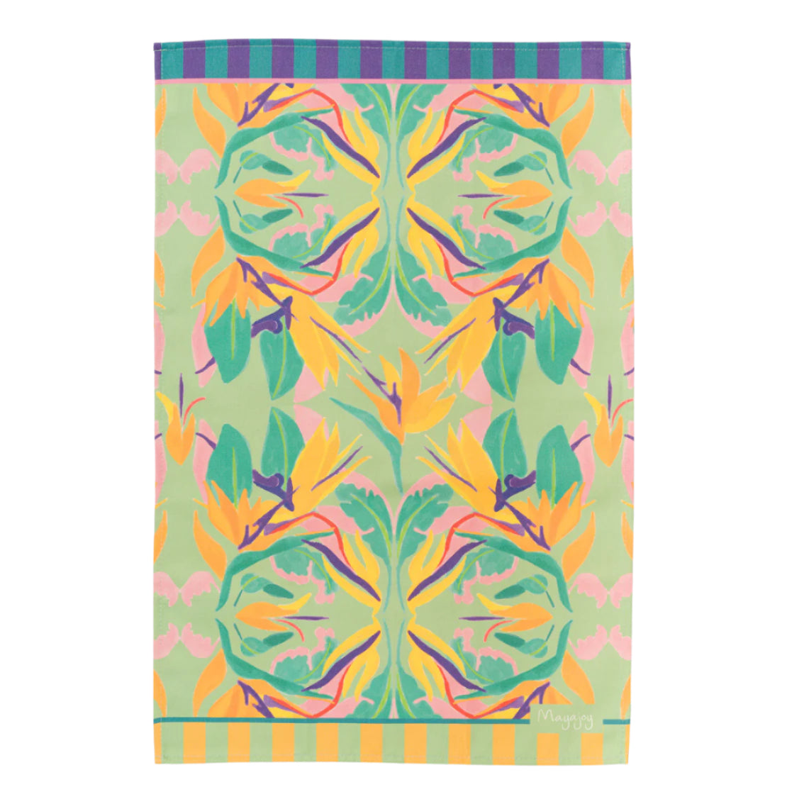 Flat lay colourful cotton tea towel in paradise print, featuring orange and yellow bird of paradise flower with green, pink and purple with stripy edging and hanging loop, by Mayajoy 