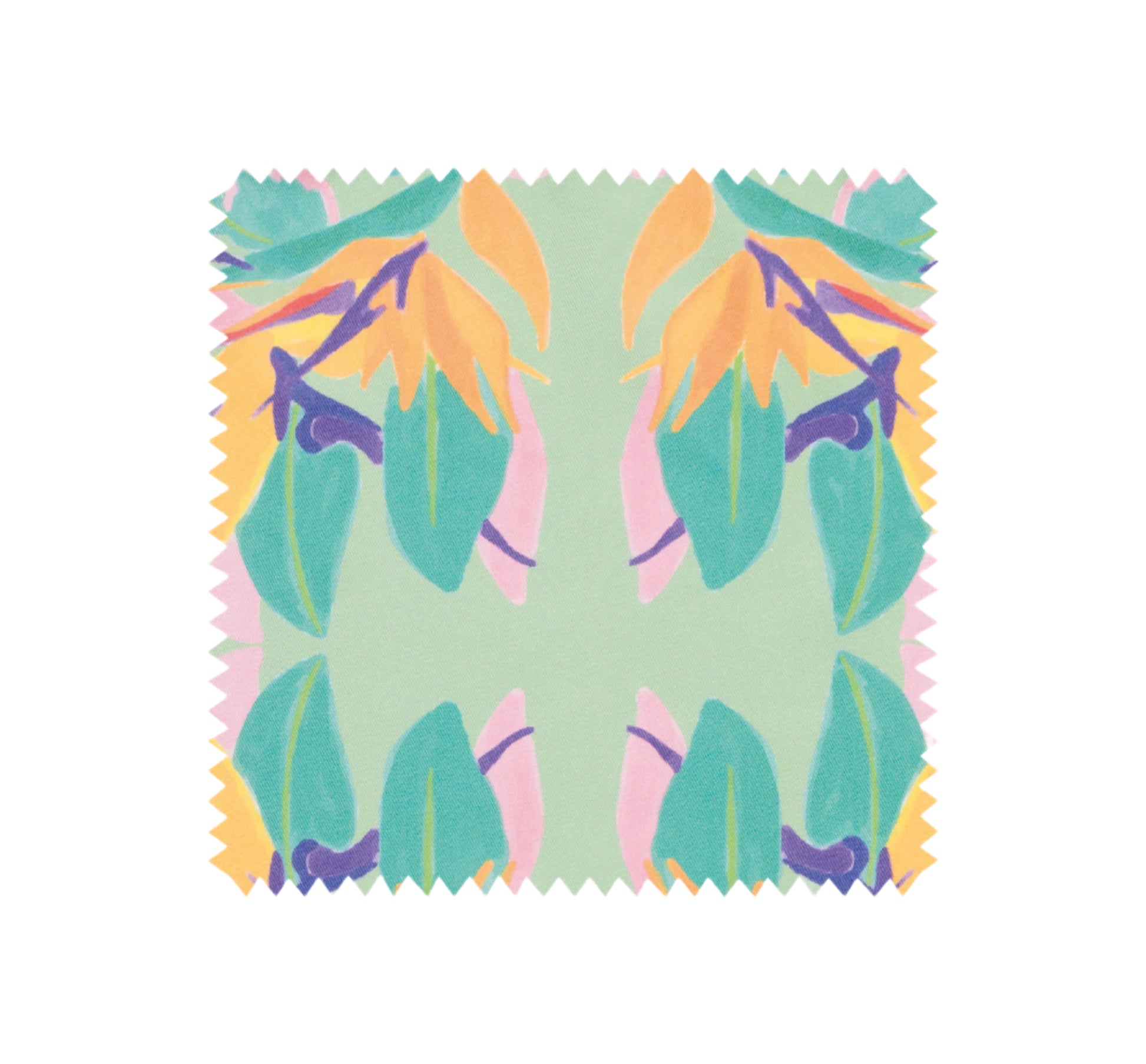 Colourful paradise tea towel swatch with paradise design, featuring orange bird of paradise, with pink, green and purple by Mayajoy.