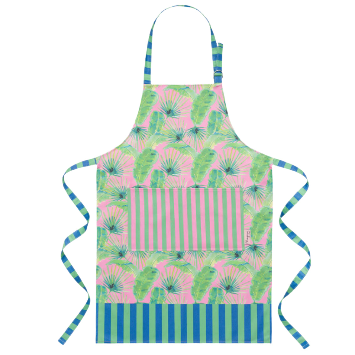 Flat lay women’s apron pink palm design, green and pink tropical foliage with stripy pocket and ties.