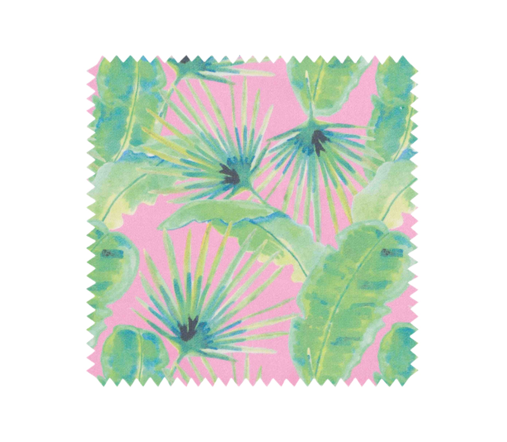 Colourful swatch for pink palm stripe apron in pink and green tropical foliage design 