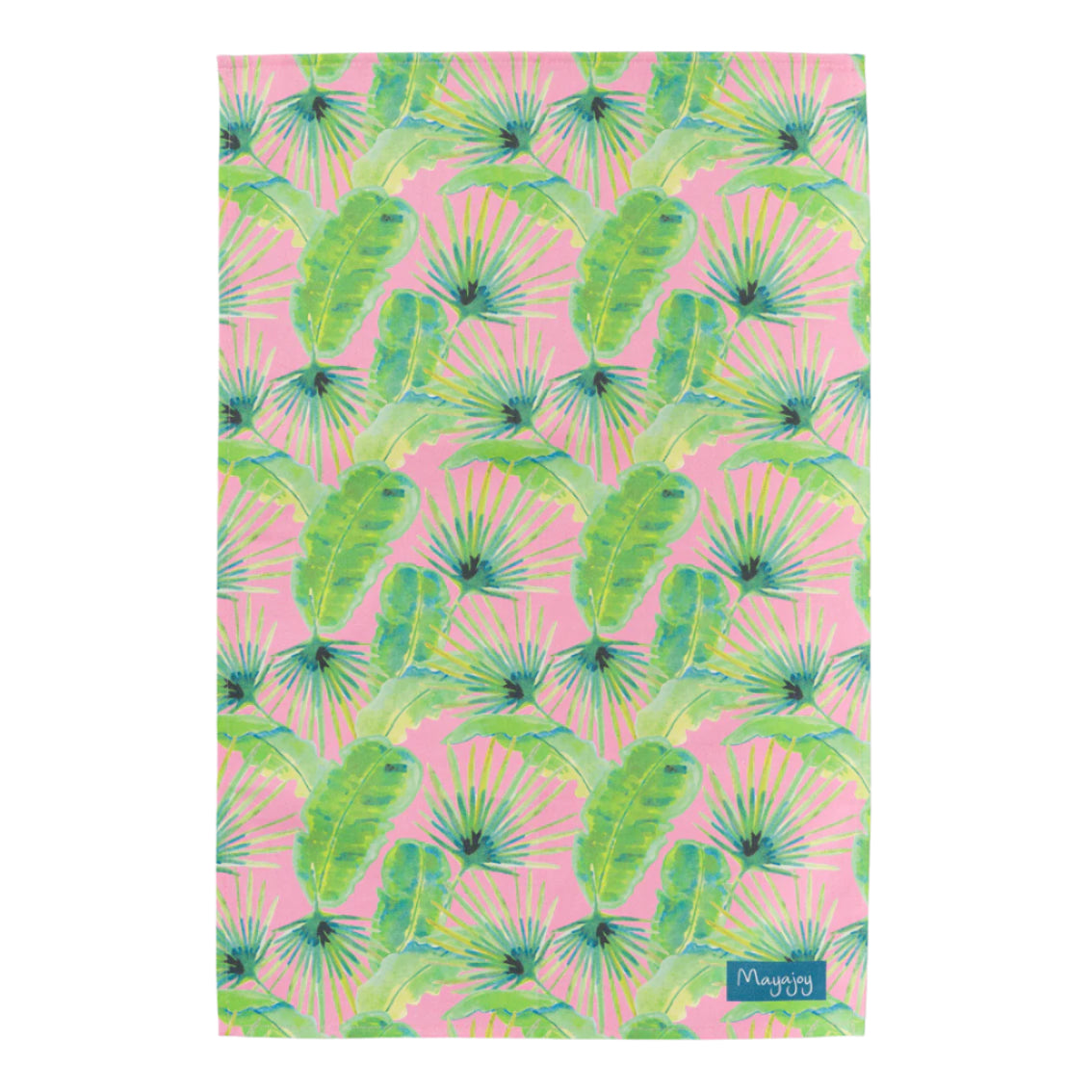 Flat lay colourful cotton tea towel in pink palm design with pink background and hand illustrated green and blue foliage with hanging loop by Mayajoy 
