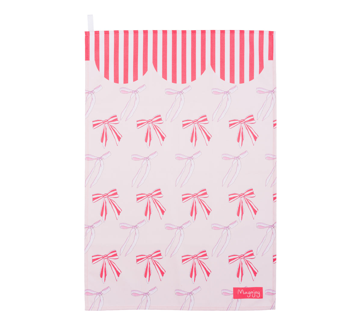 Mayajoy xmas bows flat lay tea towel in red and pink with festive bows and red and white candy stripe scallop design to edge