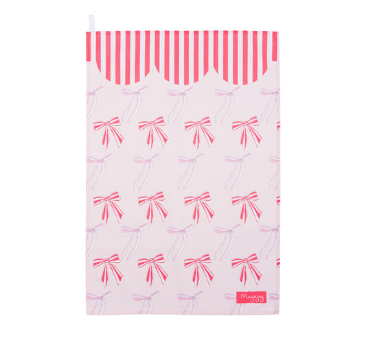 Mayajoy xmas bows flat lay tea towel in red and pink with festive bows and red and white candy stripe scallop design to edge