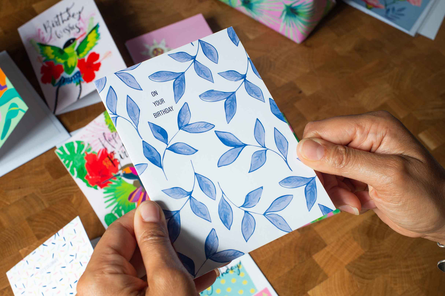 On your birthday Blue leaves card