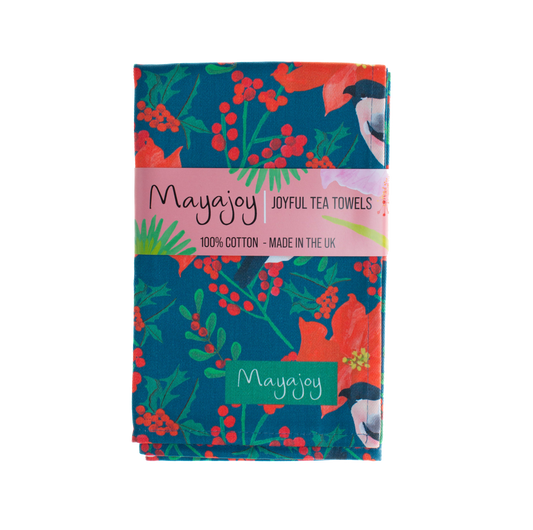 Poinsettia & Bird Tea towel